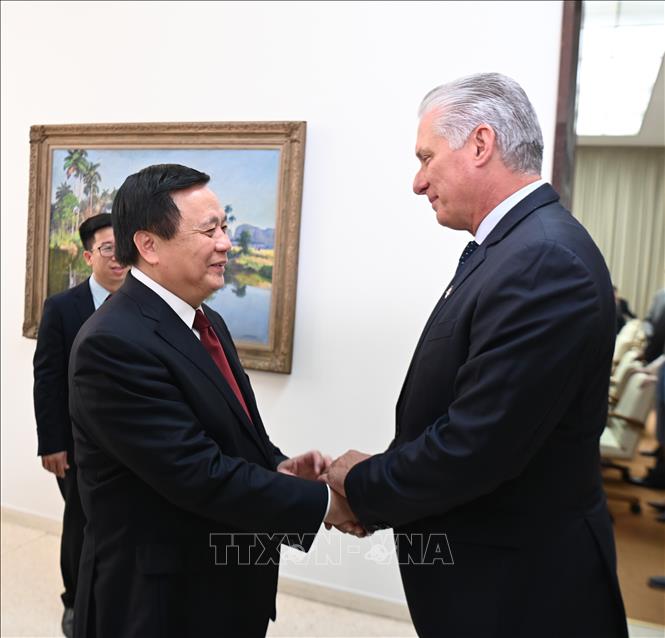 Bí thư thứ nhất, Chủ tịch Cuba Miguel Díaz-Canel Bermúdez trong cuộc gặp đồng chí Nguyễn Xuân Thắng, Ủy viên Bộ Chính trị, Giám đốc Học viện Chính trị Quốc gia Hồ Chí Minh, Chủ tịch Hội đồng Lý luận Trung ương. Ảnh: Việt Hùng - PV TTXVN tại Cuba
