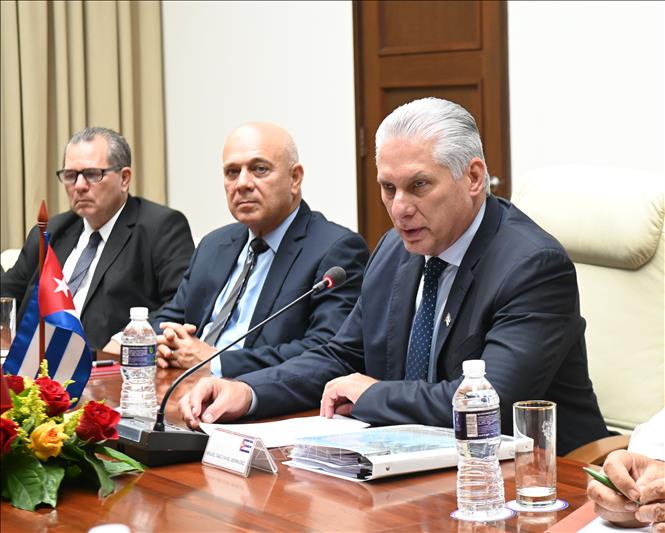 Bí Thư thứ nhất, Chủ tịch Cuba Miguel Díaz-Canel Bermúdez khẳng định quan hệ Việt Nam-Cuba là một hình mẫu có một không hai trên thế giới. Ảnh: Việt Hùng - PV TTXVN tại Cuba