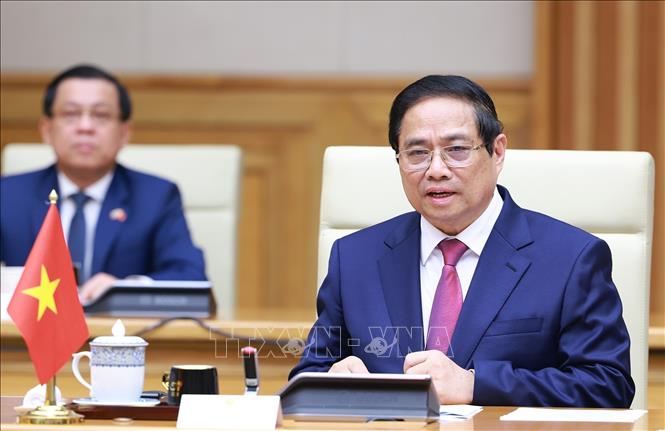 Thủ tướng Phạm Minh Chính phát biểu tại Kỳ họp lần thứ 4 Nội các chung Việt Nam – Thái Lan. Ảnh: Dương Giang-TTXVN 

