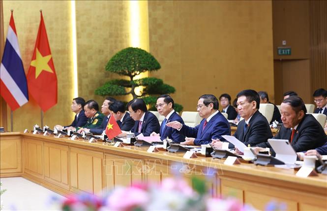 Thủ tướng Phạm Minh Chính phát biểu tại Kỳ họp lần thứ 4 Nội các chung Việt Nam – Thái Lan. Ảnh: Dương Giang-TTXVN 
