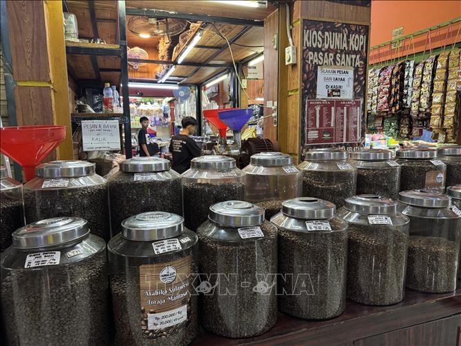 Cà phê hạt từ nhiều vùng khác nhau của Indonesia được bày bán tại chợ đầu mối ở Jakarta. Ảnh: Đỗ Quyên – PV TTXVN tại Indonesia
