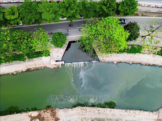 Điểm đầu sông Tô Lịch (đoạn đường Bưởi) nước cống ngầm từ phía Phan Kế Bính xả thẳng nước sinh hoạt chưa qua xử lý. Ảnh: Lê Đông - TTXVN