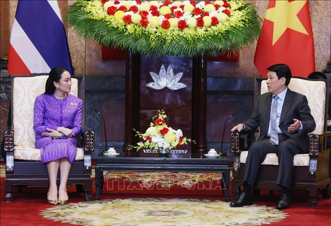 Chủ tịch nước Lương Cường tiếp Thủ tướng Thái Lan Paetongtarn Shinawatra. Ảnh: Lâm Khánh – TTXVN