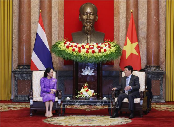 Chủ tịch nước Lương Cường tiếp Thủ tướng Thái Lan Paetongtarn Shinawatra. Ảnh: Lâm Khánh – TTXVN