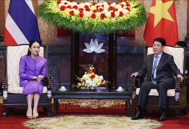 Chủ tịch nước Lương Cường tiếp Thủ tướng Thái Lan Paetongtarn Shinawatra. Ảnh: Lâm Khánh – TTXVN