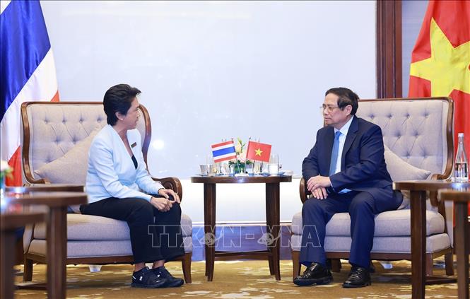 Thủ tướng Phạm Minh Chính tiếp bà Somhatai Panichewa, Tổng Giám đốc điều hành Công ty cổ phần đại chúng Amata VN (thuộc Tập đoàn Amata). Ảnh: Dương Giang-TTXVN 
