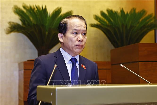 Chủ nhiệm Ủy ban Pháp luật và Tư pháp của Quốc hội Hoàng Thanh Tùng  trình bày Báo cáo thẩm tra dự án Luật sửa đổi, bổ sung một số điều của Luật Quốc tịch Việt Nam. Ảnh: Doãn Tấn - TTXVN