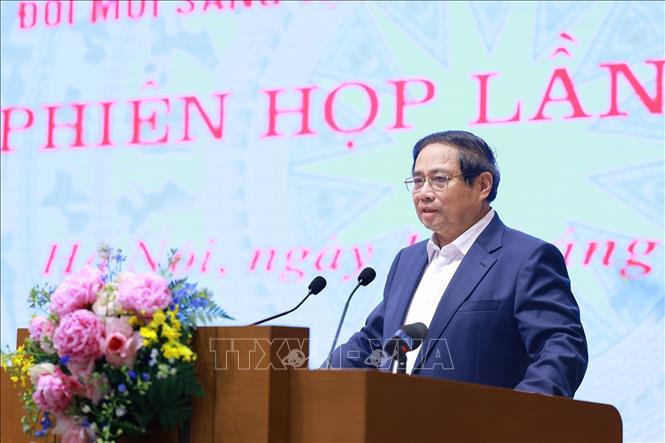 Thủ tướng Phạm Minh Chính phát biểu khai mạc Phiên họp thứ hai của BCĐ về phát triển khoa học, công nghệ, đổi mới sáng tạo, chuyển đổi số và Đề án 06. Ảnh: Dương Giang-TTXVN 
