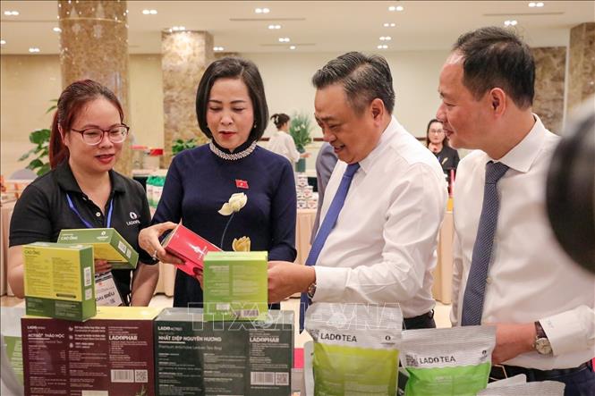 Đại biểu tham quan các gian giới thiệu sản phẩm tiêu biểu của tỉnh Lâm Đồng. Ảnh: Khánh Hoà - TTXVN