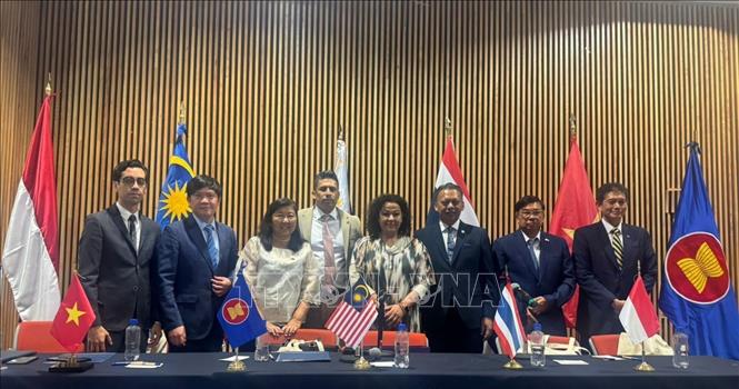 Đại diện Ủy ban Hiệp hội các quốc gia Đông Nam Á tại Mexico (ACMC) và lãnh đạo  Đại học Tự trị Quốc gia Mexico (UNAM) chụp ảnh chung. Ảnh: TTXVN phát