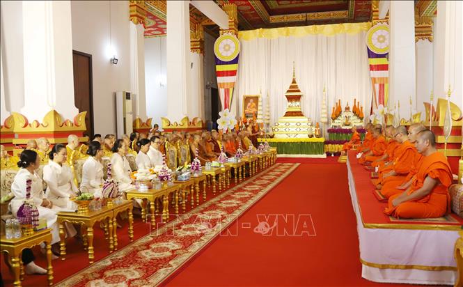 Toàn cảnh lễ tang cố Đại lão Hòa thượng Maha Bounma Simaphom, Chủ tịch Trung ương Liên minh Phật giáo Lào, ở thủ đô Viêng Chăn. Ảnh: Xuân Tú - PV TTXVN tại Lào
