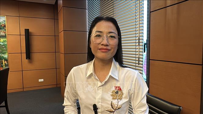 Đại biểu Trần Khánh Thu (Thái Bình) trả lời phỏng vân. Ảnh: Hải Ngọc TTXVN 