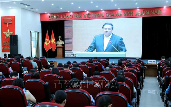 Các đại biểu dự Hội nghị tại điểm cầu Trụ sở Thông tấn xã Việt Nam (số 5 Lý Thường Kiệt, Hà Nội). Ảnh: An Đăng - TTXVN