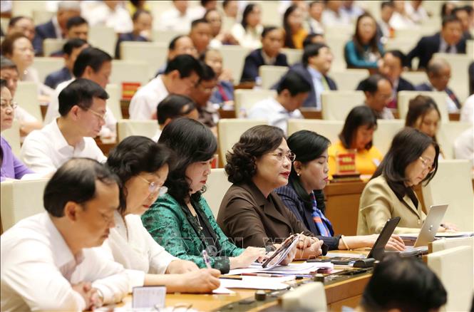 Đại biểu tham dự hội nghị tại điểm cầu chính Hội trường Diên Hồng, Nhà Quốc hội. Ảnh: Phương Hoa - TTXVN