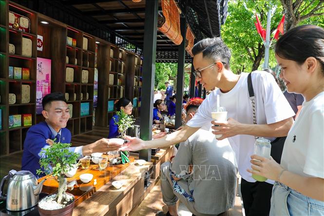 Gian hàng trà của tỉnh Lâm Đồng thu hút người dân đến thưởng trà trực tiếp. Ảnh: Khánh Hoà - TTXVN