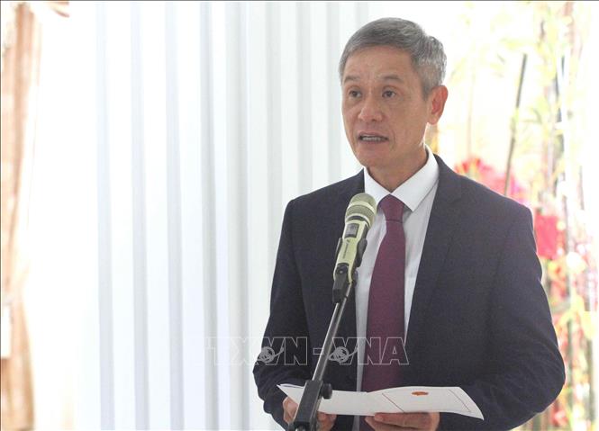 Đại sứ Việt Nam tại Vương quốc Campuchia Nguyễn Minh Vũ phát biểu tại buổi lễ. Ảnh: Hoàng Minh - PV TTXVN tại Campuchia 