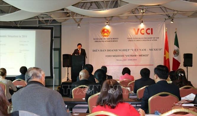 Diễn đàn doanh nghiệp Việt Nam - Mexico do Đại sứ quán Việt Nam, Phòng Thương mại và Công nghiệp Việt Nam phối hợp với Hội đồng Doanh nghiệp Ngoại thương, Đầu tư và Công nghệ Mexico (COMCE) tổ chức (29/05/2015). Ảnh: Việt Hòa - TTXVN