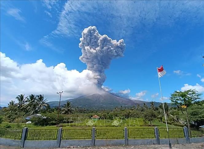 Tro bụi phun lên từ núi lửa Lewotobi Laki-Laki ở Đông Flores, tỉnh Đông Nusa Tenggara, Indonesia. Ảnh: THX/TTXVN