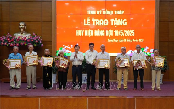 Lãnh đạo tỉnh Đồng Tháp trao Huy hiệu 65 năm và 60 năm tuổi Đảng cho đảng viên. Ảnh: Nhựt An - TTXVN