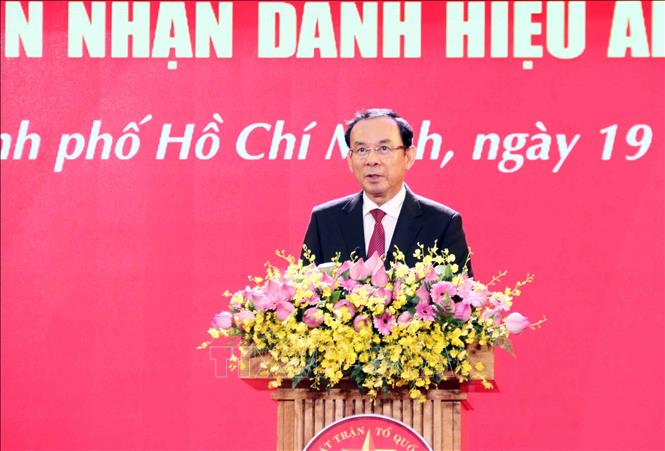 Bí thư Thành ủy Thành phố Hồ Chí Minh Nguyễn Văn Nên phát biểu tại lễ vinh danh các điển hình trong sự nghiệp đại đoàn kết toàn dân tộc Thành phố Hồ Chí Minh giai đoạn 1975-2025. Ảnh: Xuân Khu-TTXVN