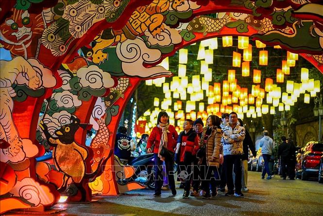 Visitors enjoy Tet (Lunar New Year) atmosphere at Hang Luoc street, Hanoi. VNA Photo
