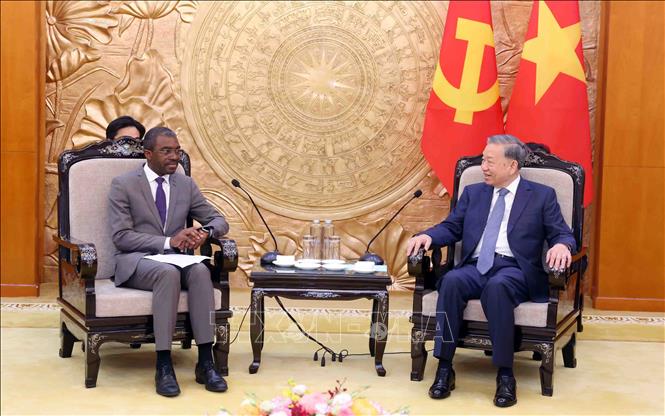 Tổng Bí thư Tô Lâm tiếp ông Lazare Eloundou Assomo, Giám đốc Trung tâm Di sản Thế giới của Tổ chức Giáo dục, Khoa học và Văn hóa của Liên hợp quốc (UNESCO). Ảnh: Phạm Kiên - TTXVN