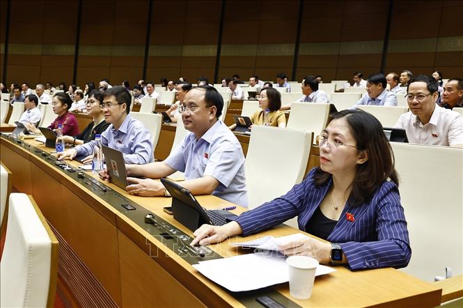 Đại biểu Quốc hội ấn nút biểu quyết thông qua Nghị quyết của Quốc hội về ngày bầu cử toàn quốc đối với bầu cử đại biểu Quốc hội khoá XVI và đại biểu Hội đồng nhân dân các cấp nhiệm kỳ 2026 – 2031. Ảnh: Doãn Tấn - TTXVN