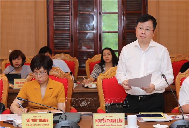 Đồng chí Nguyễn Thanh Lâm, Tổng Giám đốc Đài truyền hình Việt Nam phát biểu tại buổi làm việc. Ảnh: Thành Phương - TTXVN