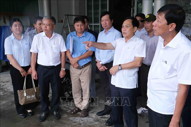 Phó Chủ tịch UBND thành phố Cần Thơ Nguyễn Ngọc Hè kiểm tra điểm sạt lở trên kênh Thơm Rơm làm sụp 3 căn nhà và 1 lò sản xuất bánh tráng xảy ra ngày 16/5. Ảnh: Thanh Liêm - TTXVN