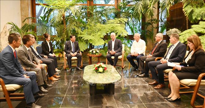 Quang cảnh cuộc hội kiến giữa Thứ trưởng Đỗ Xuân Tuyên và đoàn với Bí thư thứ nhất Ban Chấp hành Trung ương Đảng Cộng sản và Chủ tịch Cuba Miguel Díaz-Canel Bermúdez. Ảnh: Việt Hùng-p/v TTXVN tại Cuba