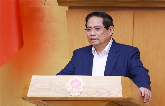 Thủ tướng Phạm Minh Chính chủ trì Phiên họp Chính phủ chuyên đề về xây dựng pháp luật tháng 5 năm 2025. Ảnh: Dương Giang-TTXVN 