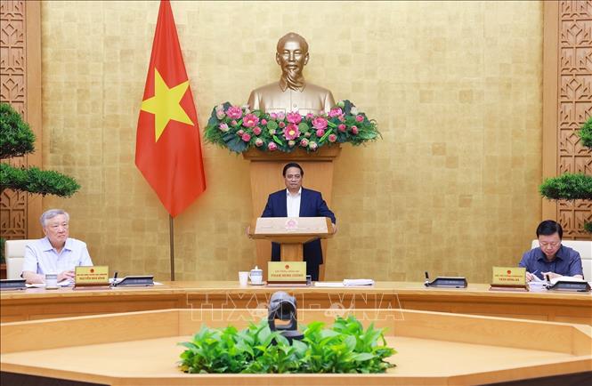 Thủ tướng Phạm Minh Chính chủ trì Phiên họp Chính phủ chuyên đề về xây dựng pháp luật tháng 5 năm 2025. Ảnh: Dương Giang-TTXVN 
