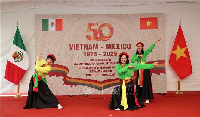Các phu nhân, cán bộ cơ quan đại diện biểu diễn một điệu múa dân gian Việt Nam tại sự kiện. Ảnh: Phi Hùng - PV TTXVN tại Mexico