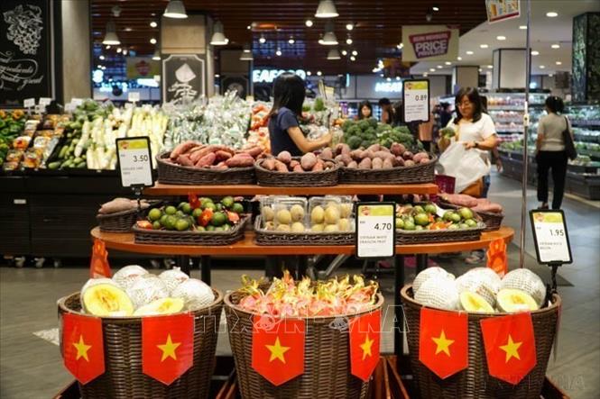 Các sản hẩm của Việt Nam được giới thiệu trong Tuần lễ hàng Việt Nam tại Malaysia. Sự kiện diễn ra đồng thời tại các siêu thị của AEON ở các thành phố lớn của Malaysia như Kuala Lumpur, Penang và Johor (5/5/2025). Ảnh: Hằng Linh-TTXVN