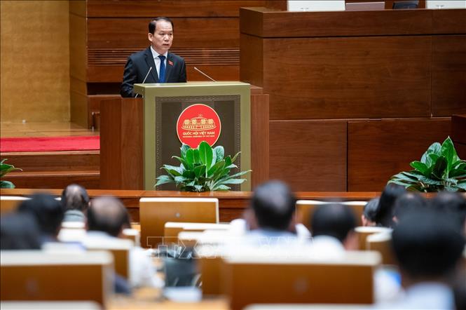 Chủ nhiệm Uỷ ban Pháp luật và Tư pháp của Quốc hội Hoàng Thanh Tùng trình bày Báo cáo thẩm tra dự án Luật Chuyển giao người đang chấp hành án phạt tù. Ảnh: Phương Hoa - TTXVN