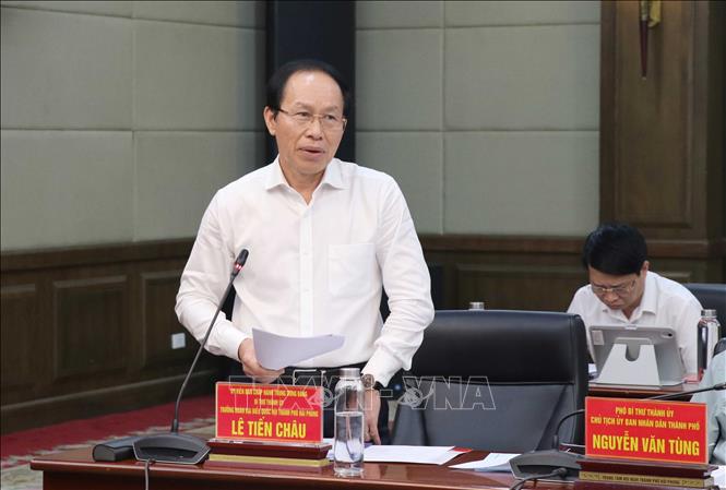 Đồng chí Lê Tiến Châu, Bí thư Thành ủy Hải Phòng phát biểu tại buổi làm việc. Ảnh: Hoàng Ngọc - TTXVN
