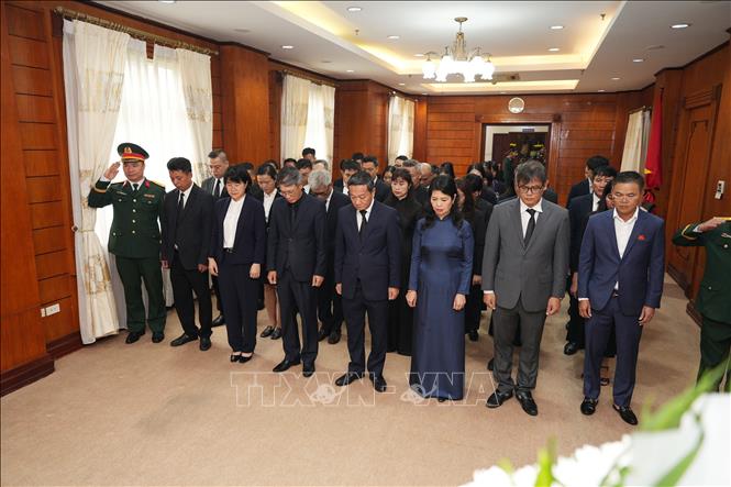 Đoàn đại biểu Đại sứ quán Việt Nam tại Lào và các cơ quan bên cạnh ĐSQ vào viếng nguyên Chủ tịch nước Trần Đức Lương. Ảnh: Đỗ Bá Thành - PV TTXVN tại Lào