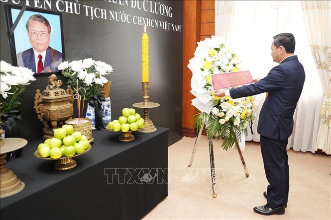 Đại sứ đặc mệnh toàn quyền Việt Nam tại Lào Nguyễn Minh Tâm dâng hoa tưởng niệm nguyên Chủ tịch nước Trần Đức Lương. Ảnh: Đỗ Bá Thành - PV TTXVN tại Lào
