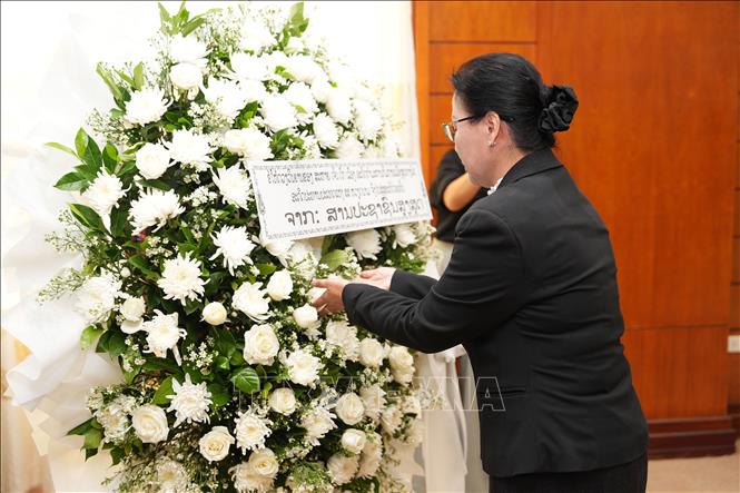 Bà Viengthong Siphandon, Bí thư Trung ương Đảng, Chánh án Tòa án Nhân dân Tối cao Lào dâng hoa tưởng niệm nguyên Chủ tịch nước Trần Đức Lương. Ảnh: Đỗ Bá Thành - PV TTXVN tại Lào