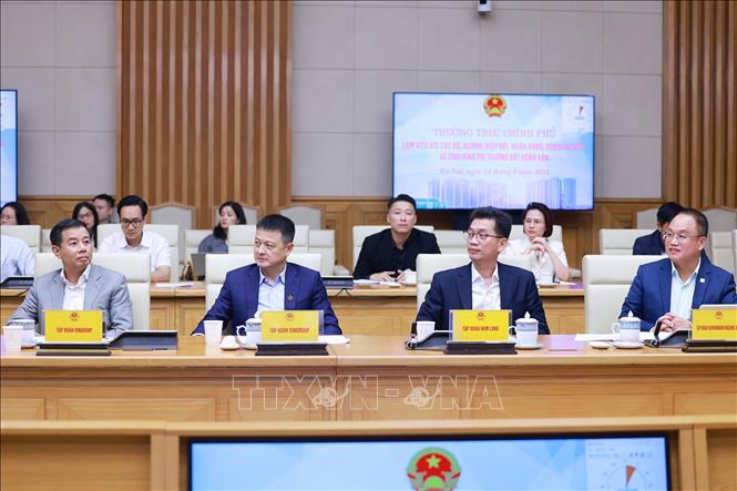 Các đại biểu đại diện các hiệp hội, doanh nghiệp tham dự cuộc làm việc về tình hình thị trường bất động sản. Ảnh: Dương Giang-TTXVN
