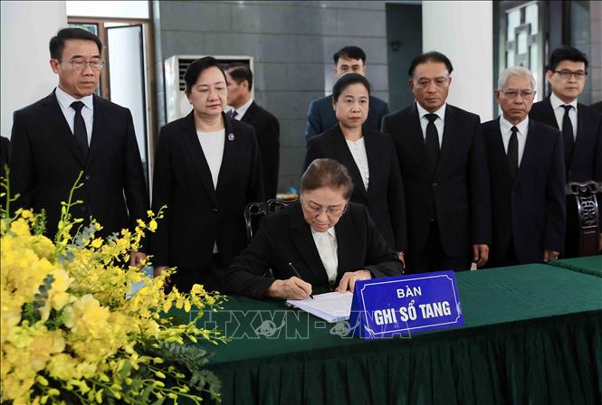 Phó Chủ tịch nước Lào Pany Yathotou ghi sổ tang tại lễ viếng nguyên Chủ tịch nước Trần Đức Lương. Ảnh: TTXVN