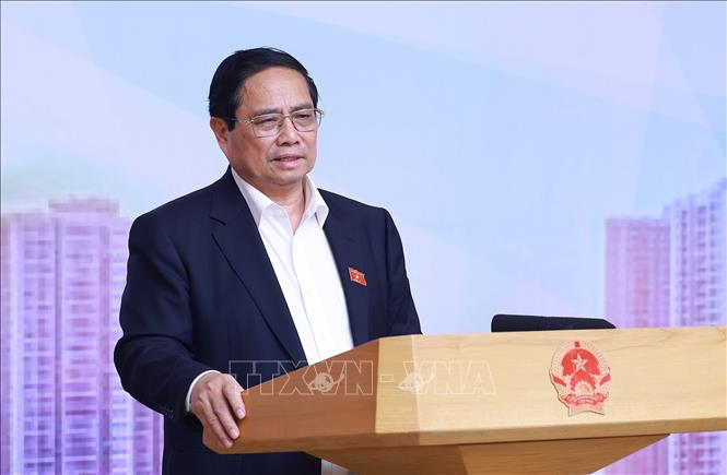 Thủ tướng Phạm Minh Chính kết luận cuộc làm việc về tình hình thị trường bất động sản. Ảnh: Dương Giang-TTXVN