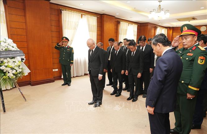 Đoàn đại biểu Bộ Công chính và vận tải Lào viếng nguyên Chủ tịch nước Trần Đức Lương. Ảnh: Xuân Tú - PV TTXVN tại Lào