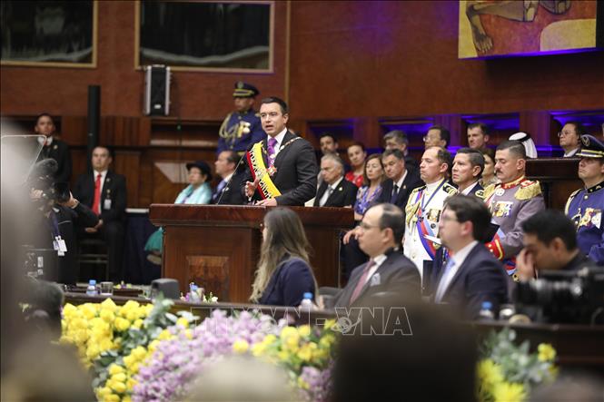 Ông Daniel Noboa tại lễ tuyên thệ nhậm chức Tổng thống Ecuador ở thủ đô Quito ngày 24/5/2025. Ảnh: THX/TTXVN