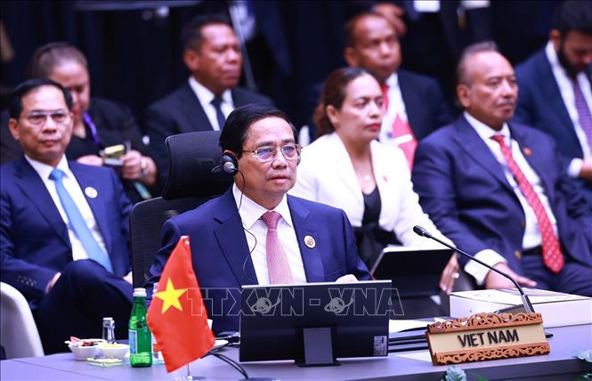 Thủ tướng Phạm Minh Chính tham dự và phát biểu tại Phiên toàn thể Hội nghị Cấp cao ASEAN lần thứ 46. Ảnh: Dương Giang-TTXVN
