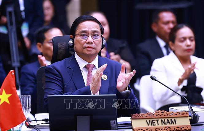 Thủ tướng Phạm Minh Chính tham dự và phát biểu tại Phiên toàn thể Hội nghị Cấp cao ASEAN lần thứ 46. Ảnh: Dương Giang-TTXVN
