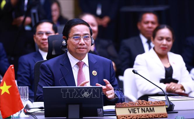 Thủ tướng Phạm Minh Chính phát biểu tại Phiên toàn thể Hội nghị Cấp cao ASEAN lần thứ 46. Ảnh: Dương Giang-TTXVN
