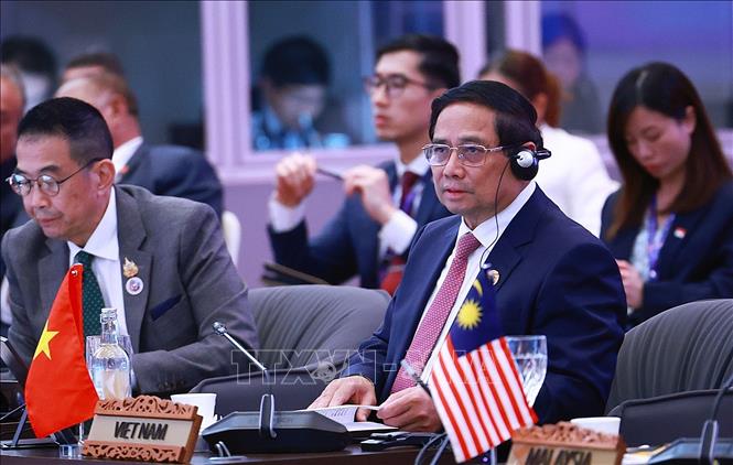 Thủ tướng Phạm Minh Chính dự và phát biểu tại phiên Đối thoại với đại diện Hội đồng Tư vấn kinh doanh ASEAN (ASEAN BAC). Ảnh: Dương Giang-TTXVN
