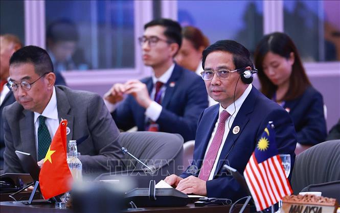 Thủ tướng Phạm Minh Chính dự và phát biểu tại phiên Đối thoại với đại diện Hội đồng Tư vấn kinh doanh ASEAN (ASEAN BAC). Ảnh: Dương Giang-TTXVN
