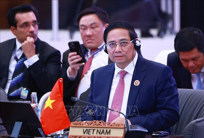 Thủ tướng Phạm Minh Chính phát biểu tại phiên Đối thoại với đại diện Hội đồng Tư vấn kinh doanh ASEAN (ASEAN BAC). Ảnh: Dương Giang-TTXVN
